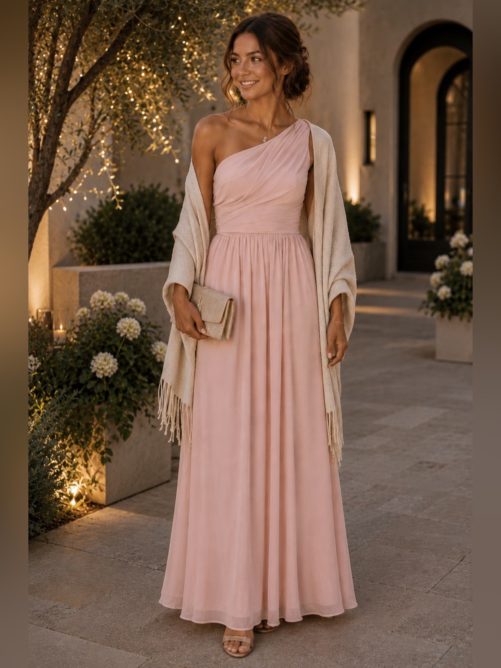 Elegant Blush Pink One Shoulder Bridesmaid Formal Maxi Gown Wedding Guest Dress